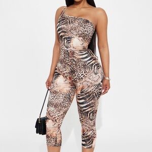 Fashion Nova One-Shoulder Leopard Print Jumpsuit
